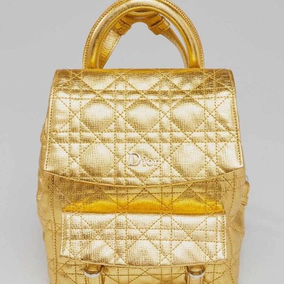 Christian Dior Metallic Gold Cannage Quilted Leather Stardust Small Backpack Bag - Picture 1 of 11